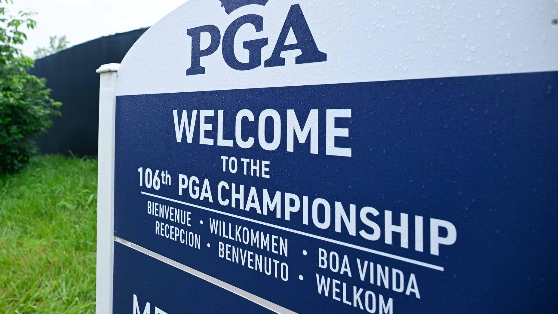A 2024 PGA Championship sign is pictured welcoming fans to Valhalla Golf Club