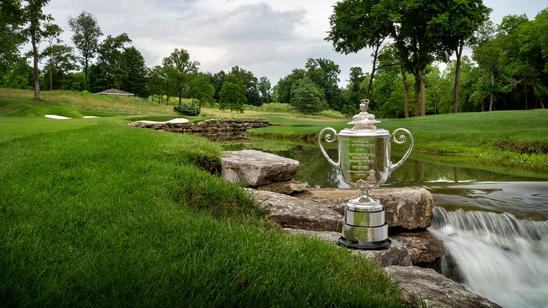 The PGA Championship's Wanamaker trophy sits on the course at Valhalla Golf Club.