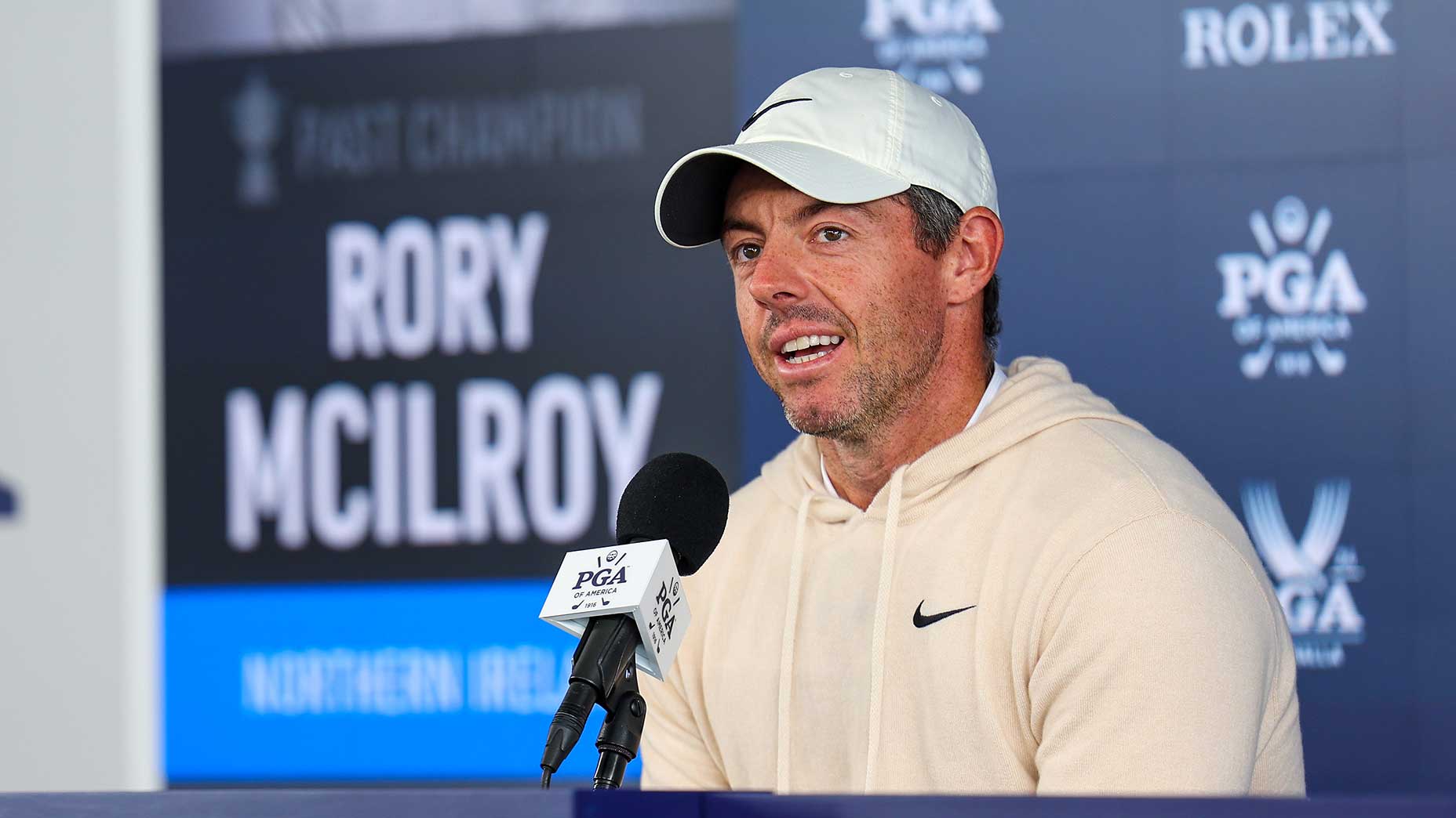 Rory McIlroy speaks to the media on Wednesday at the PGA Championship in Louisville, Ky.
