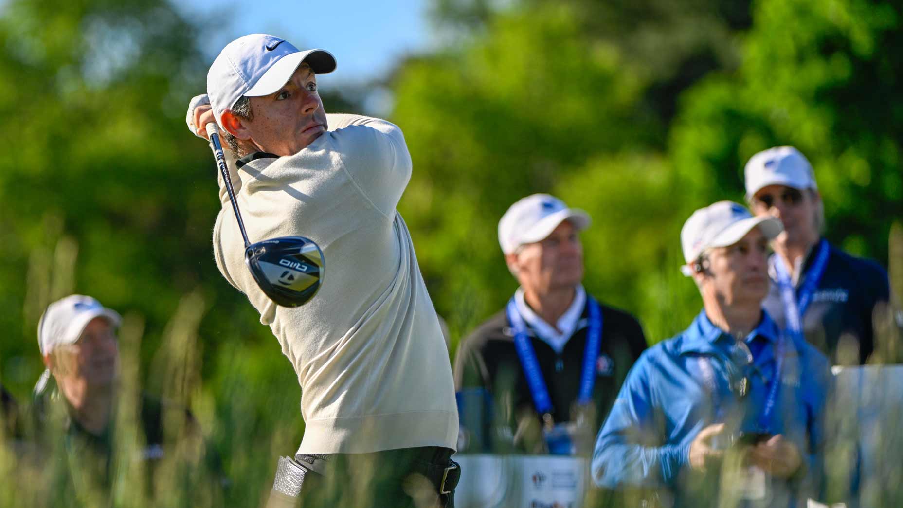 Rory McIlroy watches his drive during 2024 RBC Canadian Open