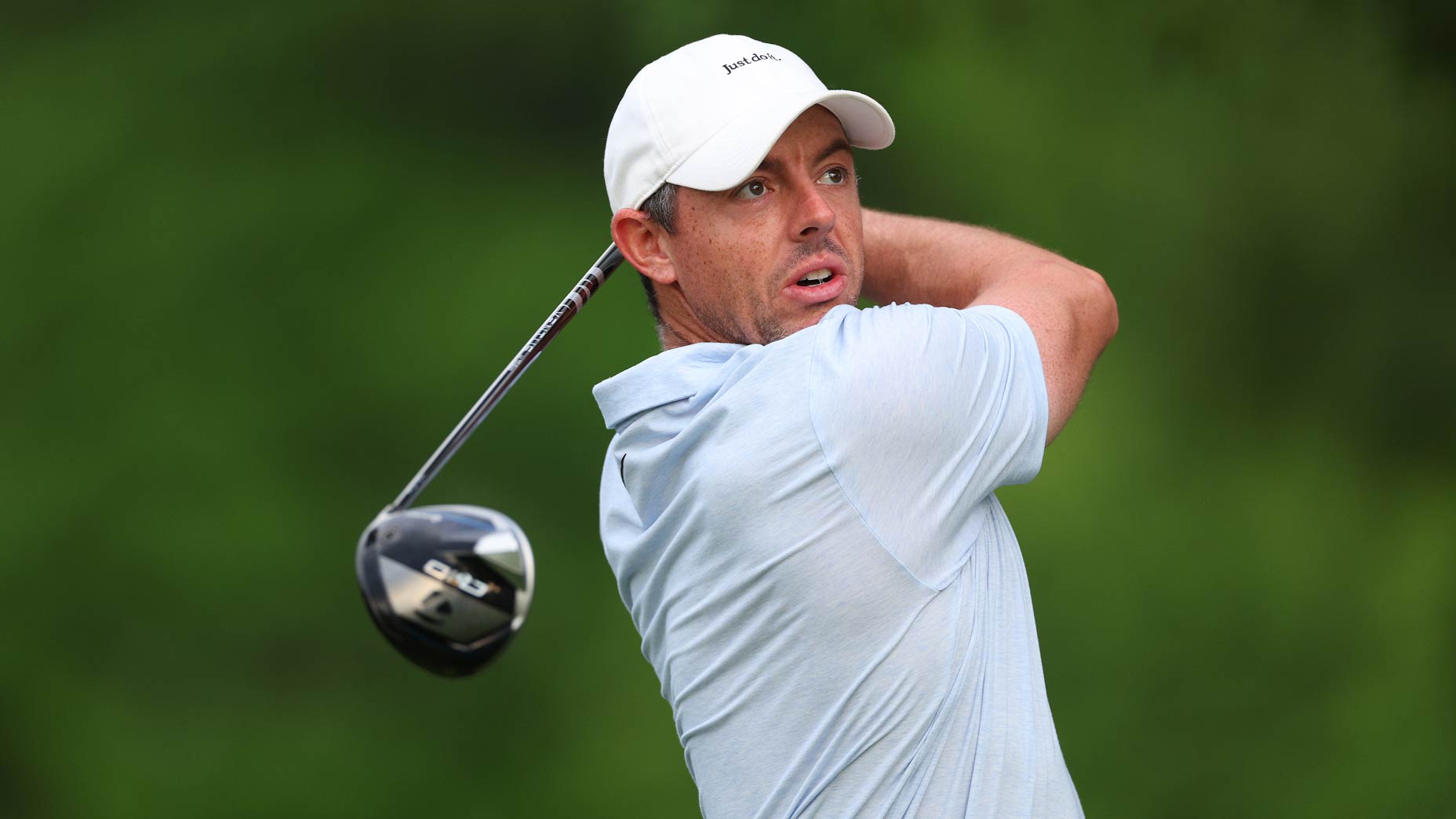 Rory McIlroy hits the tee shot at the 2024 Wells Fargo Championship Pro Am