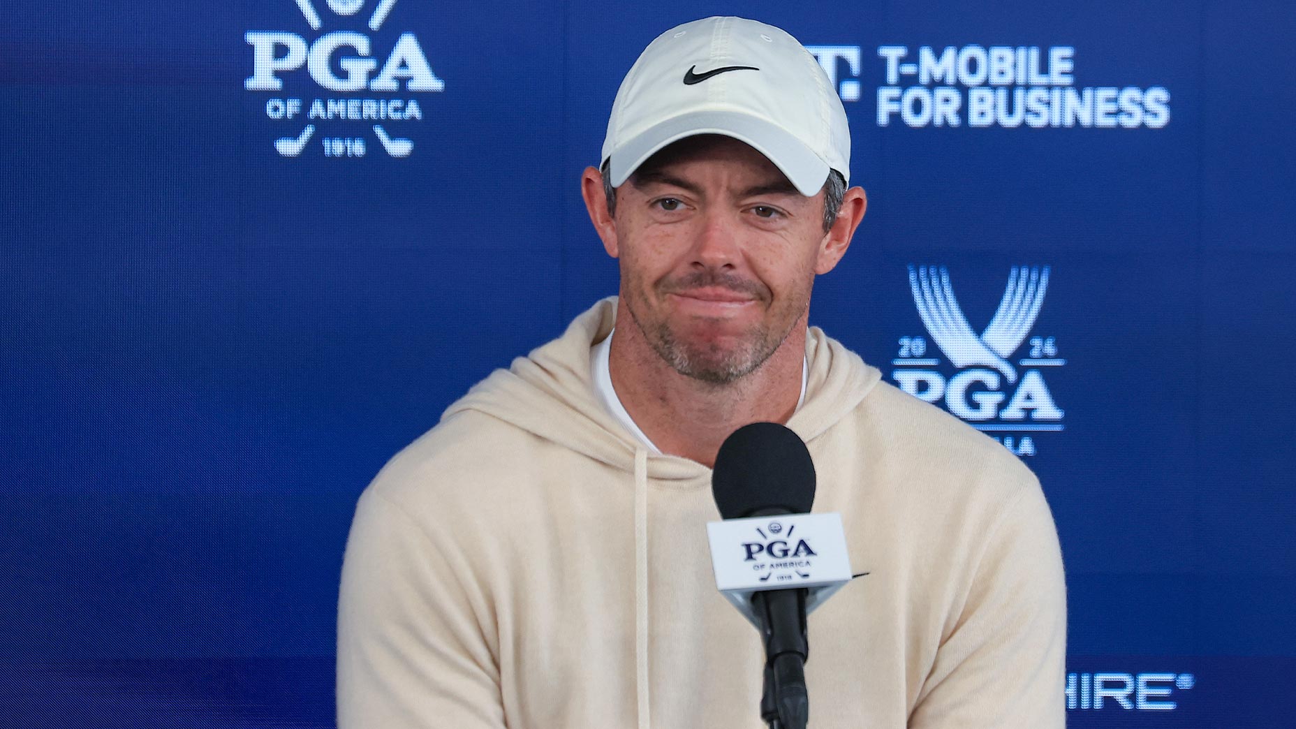 rory mcilroy smizes at PGA Championship press conference in oatmeal hoodie