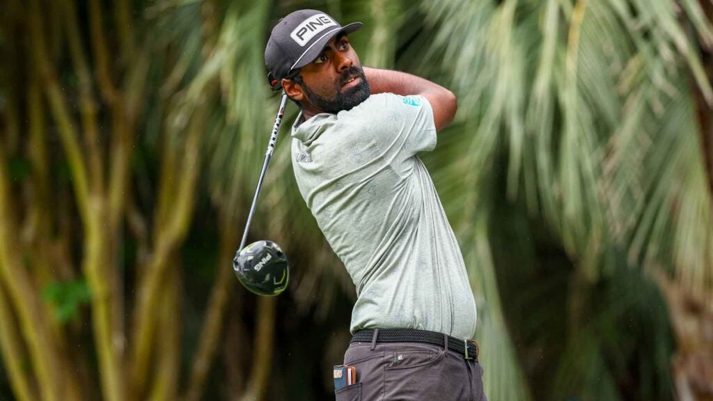 Sahith Theegala hits a tee shot on the second hole during the final round of the RBC Heritage at Harbour Town Golf Links on April 21, 2024 in Hilton Head Island, South Carolina.