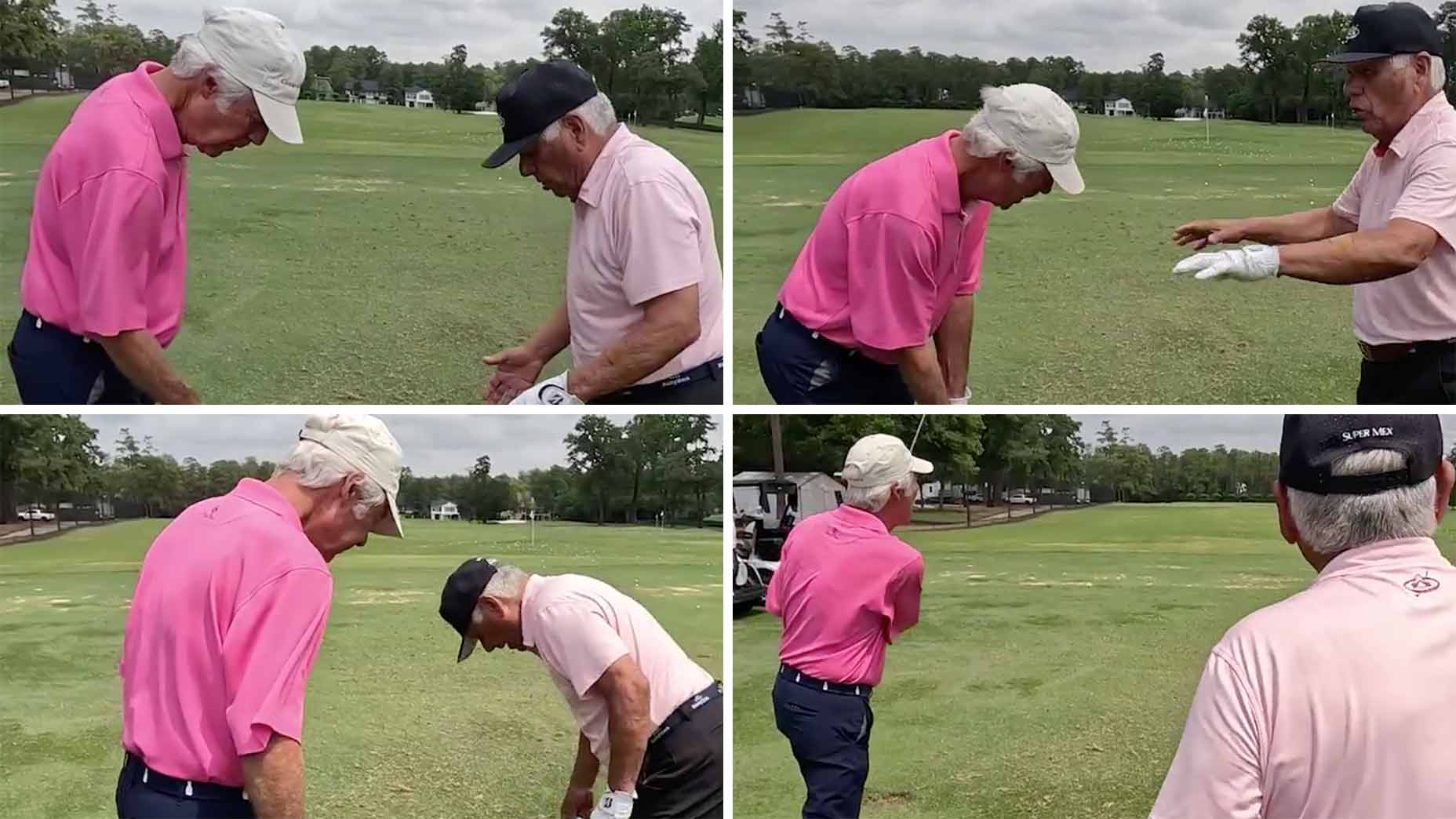 lee trevino gives ben crenshaw a lesson on the range