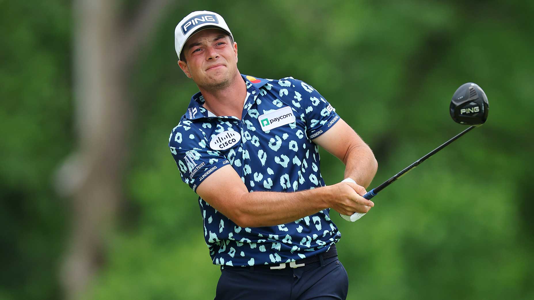 Viktor Hovland tees off during the second round of the 2024 PGA Championship.