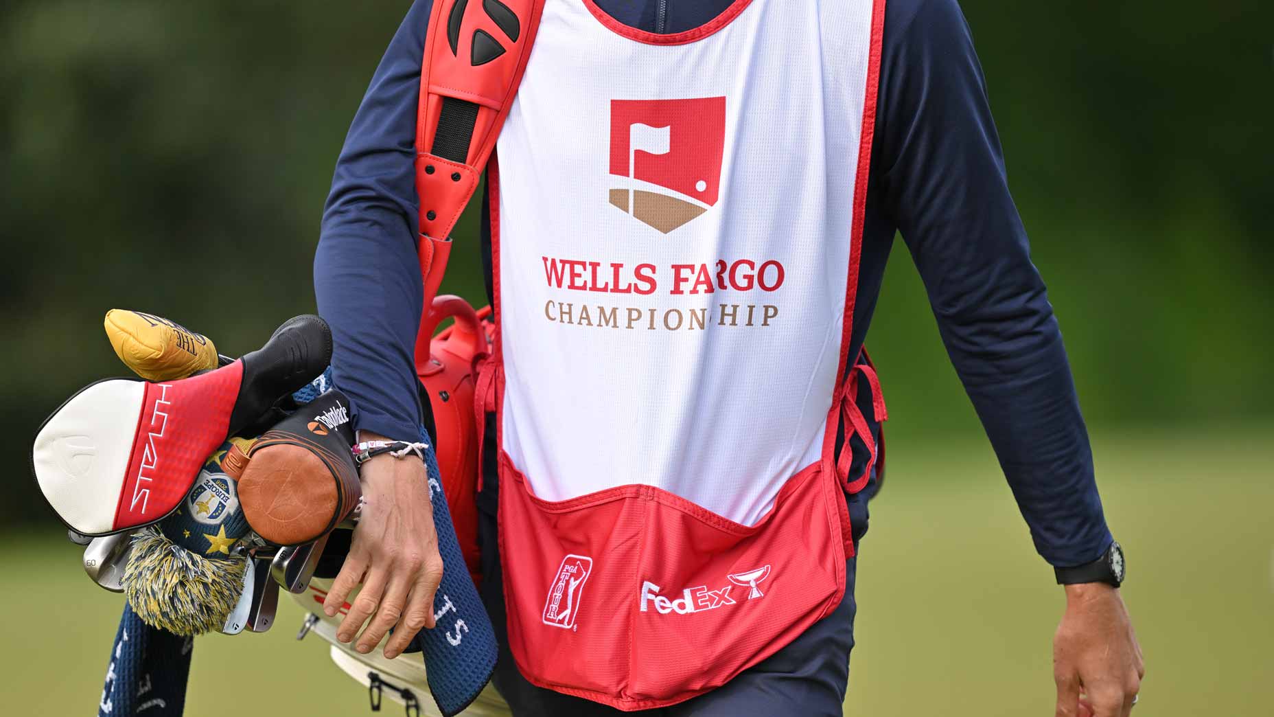 A close-up of a caddie's bib at the Wells Fargo Championship