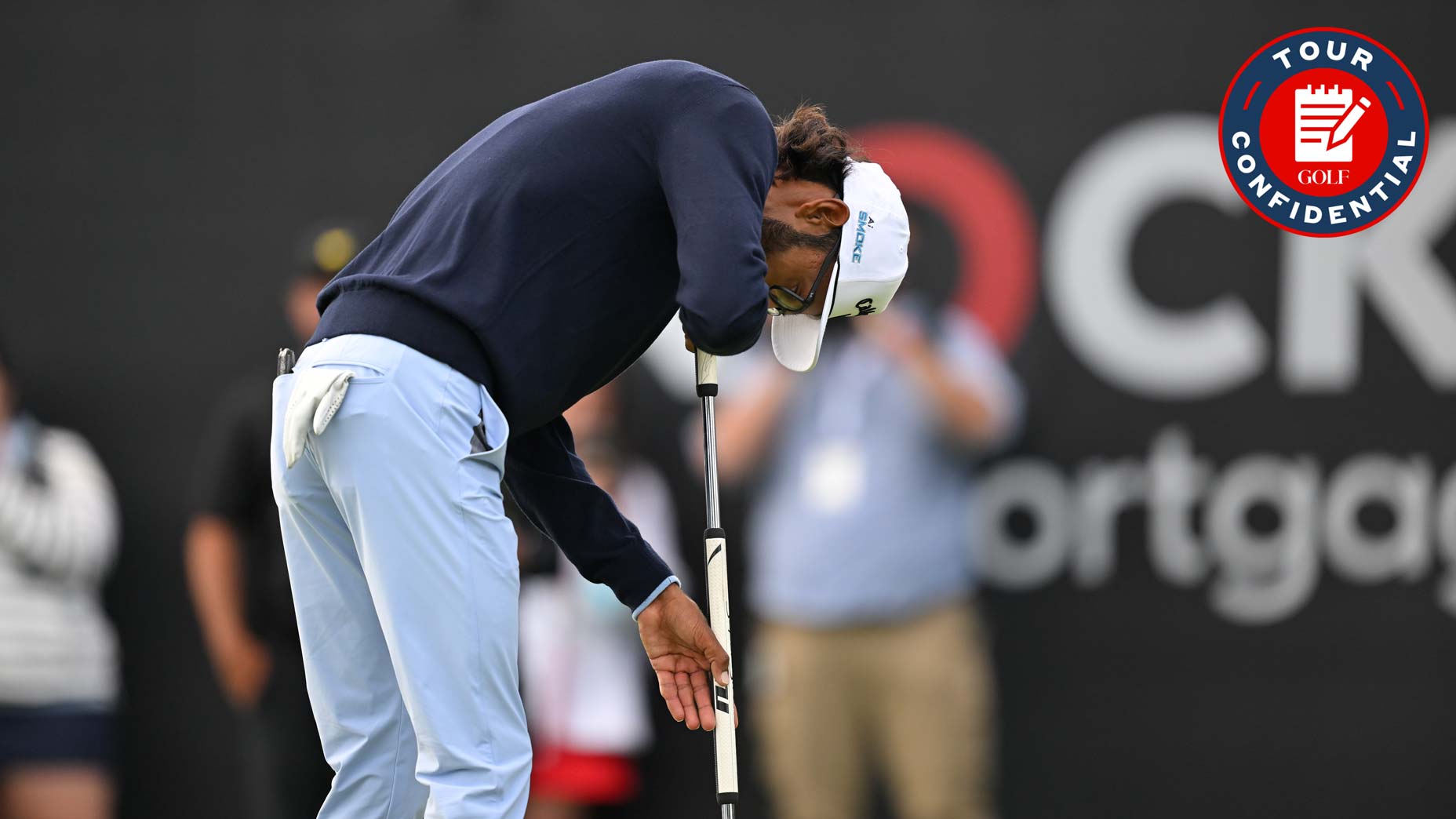 Akshay Bhatia reacts to his missed putt at the Rocket Mortgage Classic.