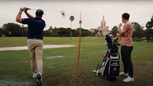 Bryson DeChambeau hitting driver on the latest episode of 'Warming Up'.