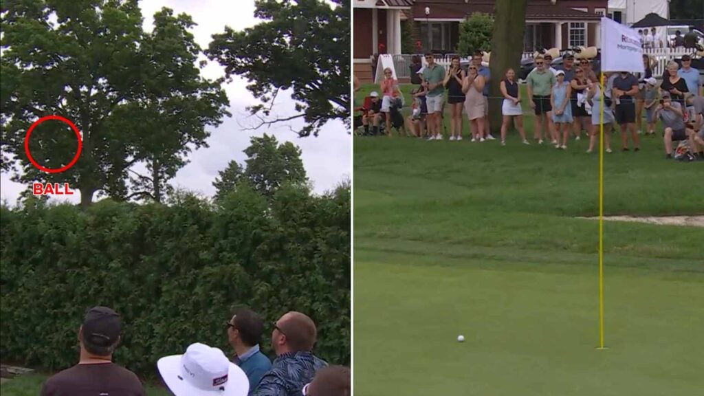 Nick Dunlap's ball goes over a hedge at the Rocket Mortgage Classic,