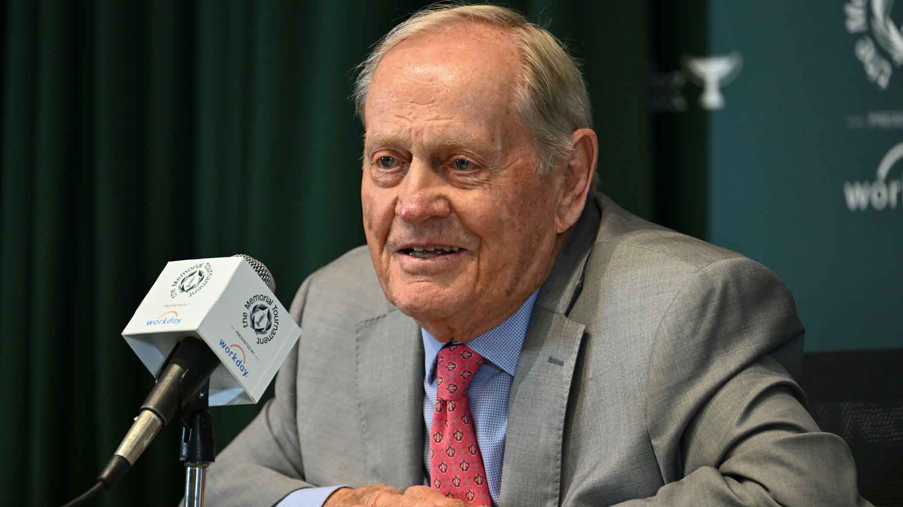 Jack Nicklaus addresses the media prior to the Memorial Tournament presented by Workday at Muirfield Village Golf Club on June 4, 2024 in Dublin, Ohio.