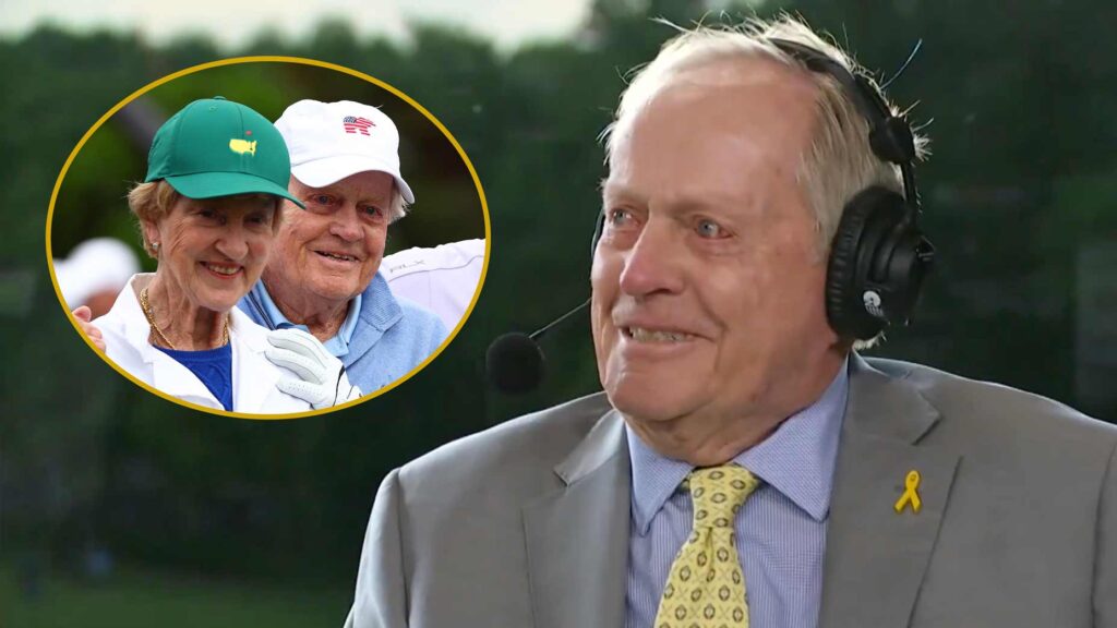 A picture of Jack Nicklaus crying with an image of him and his wife Barbara.