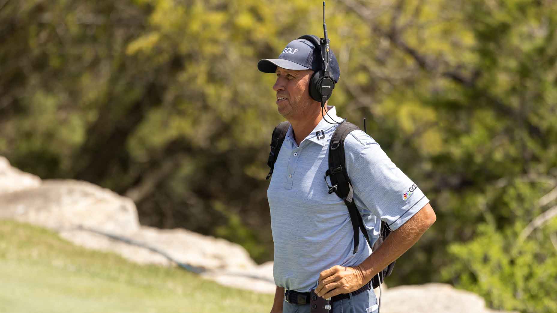 NBC Golf announcer Jim "Bones" Mackay handles the match between Billy Horschel and Scottie Scheffler during the championship finals of the WGC-Dell Technologies Match Play Tournament on March 28, 2021, at Austin Country Club in Austin, TX