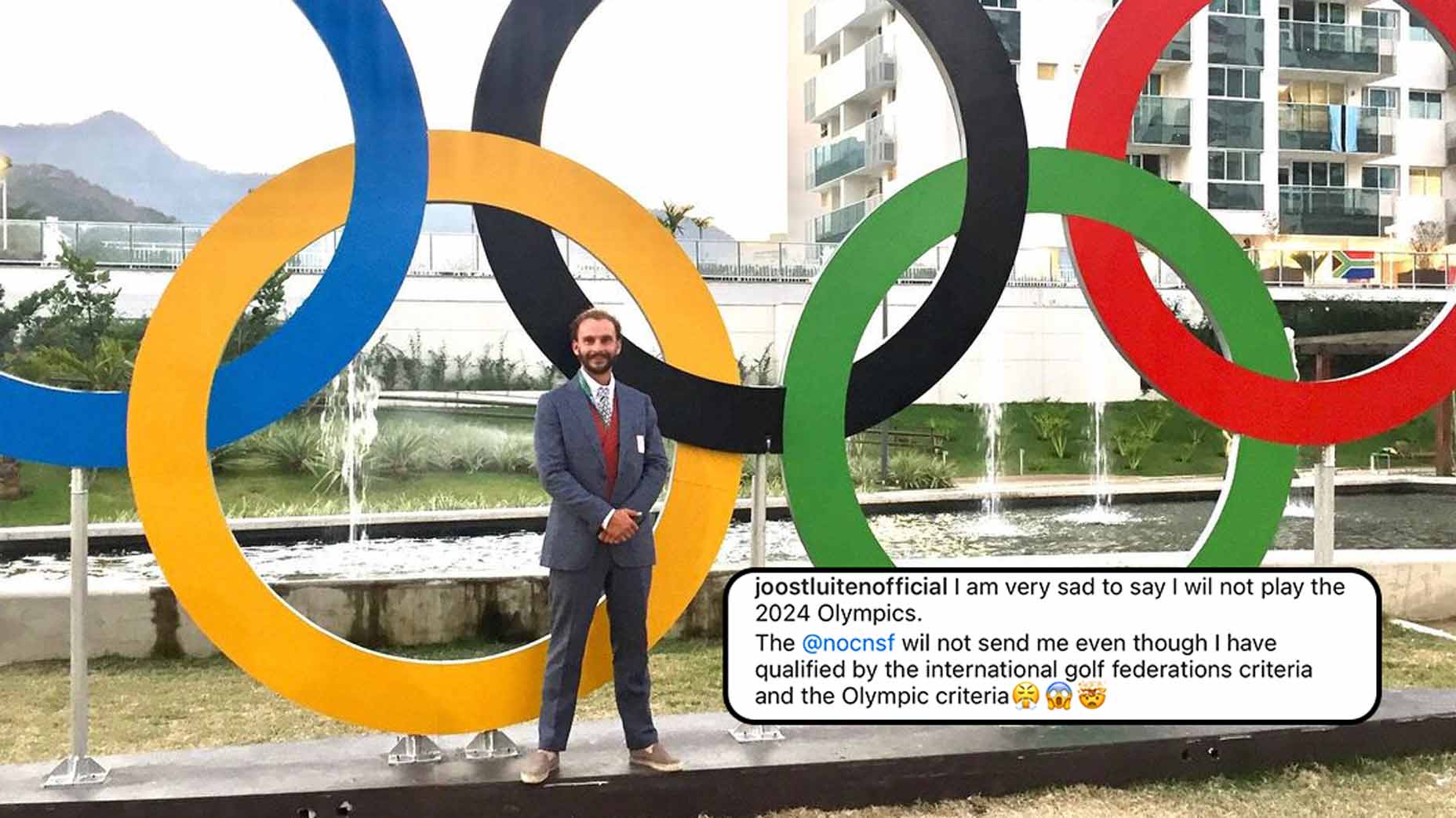 Joost Luiten in front of the Olympic Rings