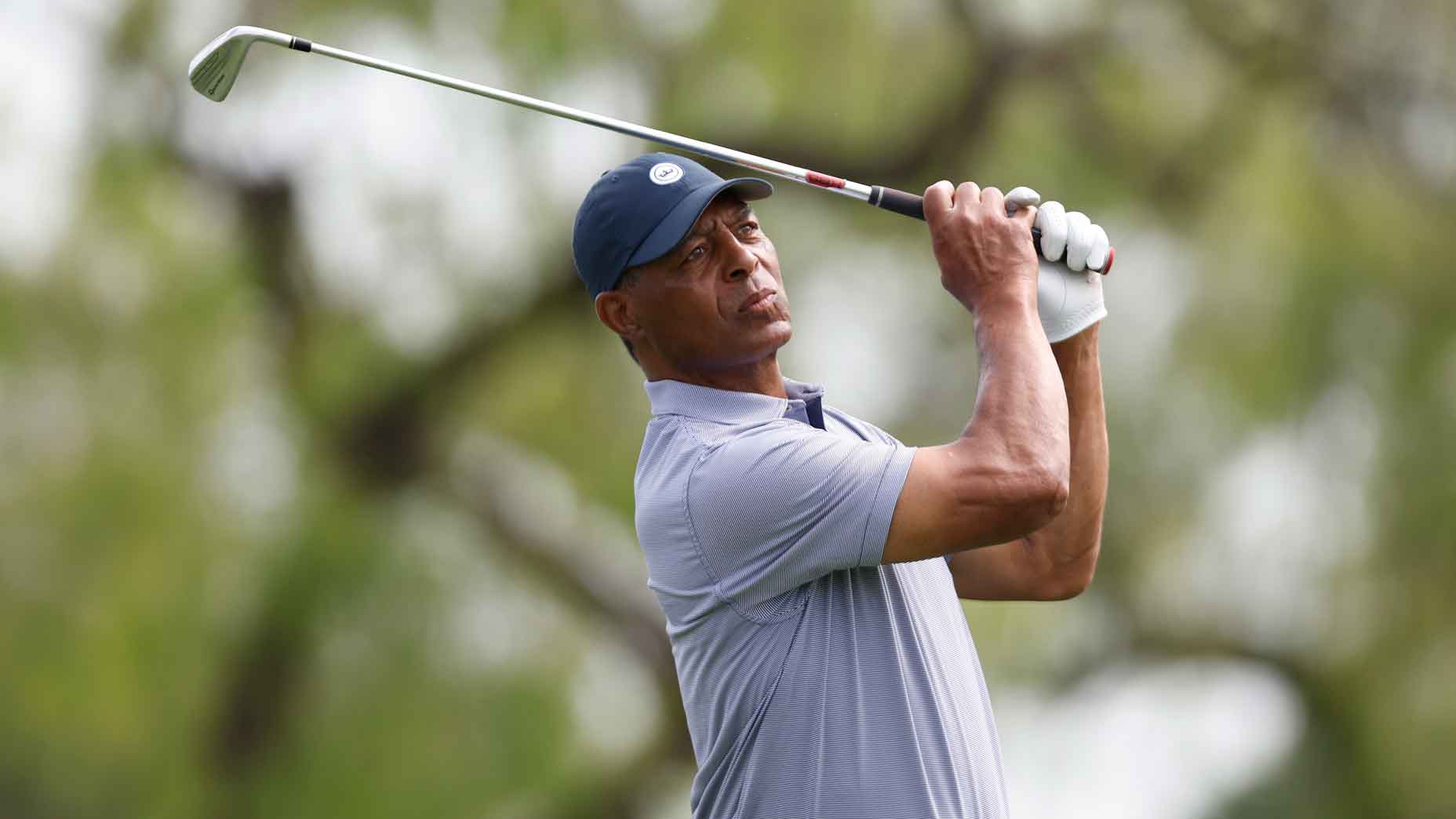 Former NFL player Marcus Allen tees off on the 11th hole during the second round of the Invited Celebrity Classic at Las Colinas Country Club on April 22, 2023 in Irving, Texas.