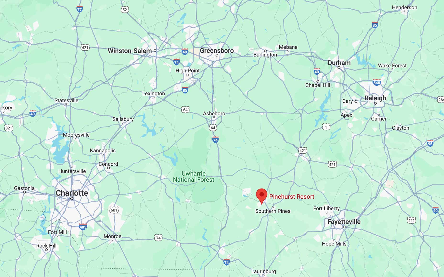 Map of Pinehurst's location within North Carolina.