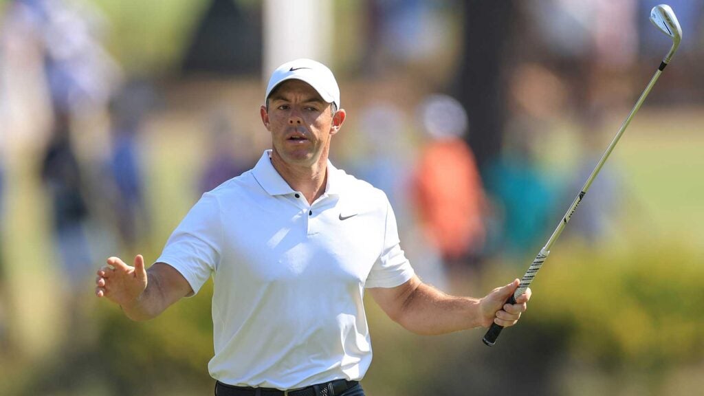 Rory McIlroy celebrates after a shot at the U.S. Open