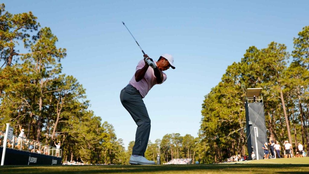 Tiger Woods hits a shot at Pinehurst.