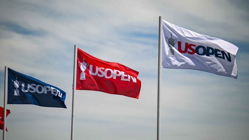 U.S. Open flags fly over the range during practice for the U.S. Open on the No. 2 Course at Pinehurst Resort on June 10, 2024, in Pinehurst, North Carolina.
