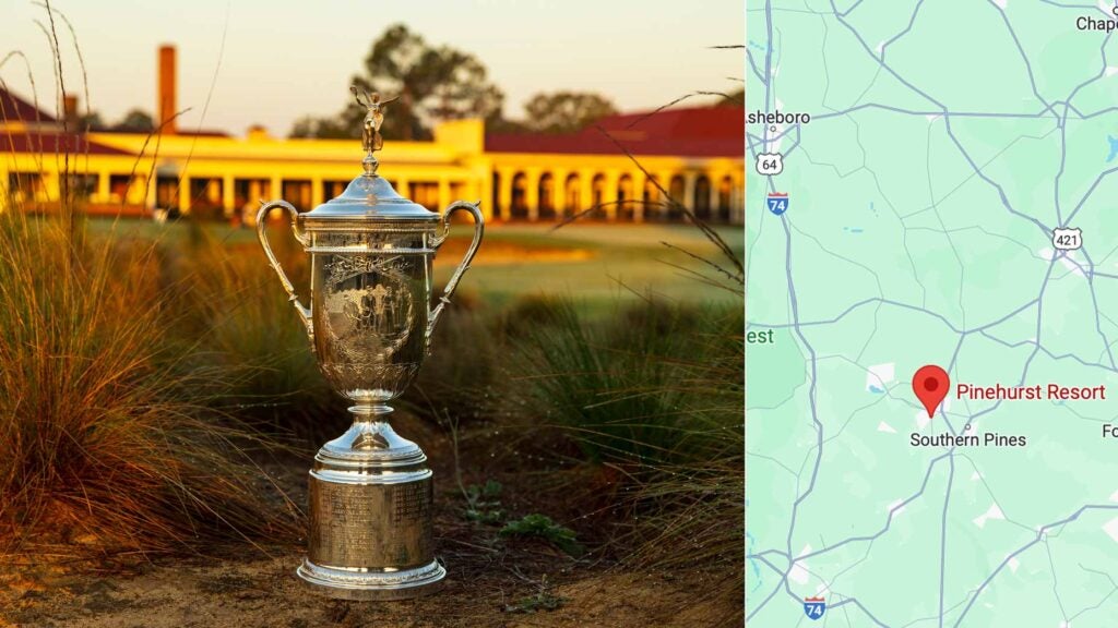 The U.S. Open trophy at Pinehurst, along side a map of Pinehurst's location.