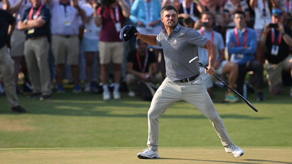 Bryson DeChambeau on the 18th green U.S. Open Sunday.