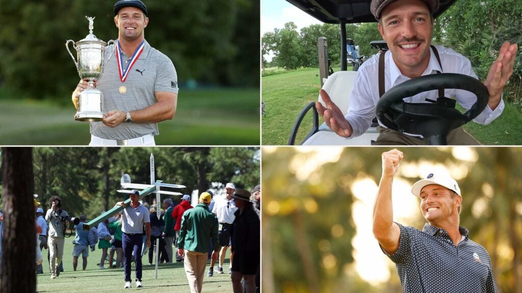 Four Photos of pro golfer Bryson DeChambeau on golf course