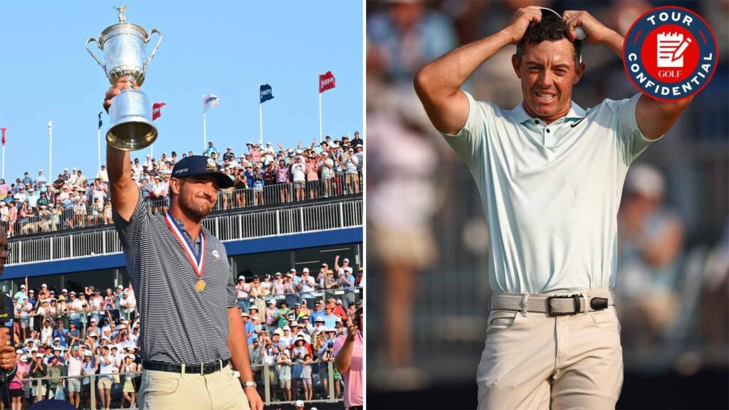 bryson dechambeau hoists u.s. open trophy, rory mcilroy holds his hands on his head