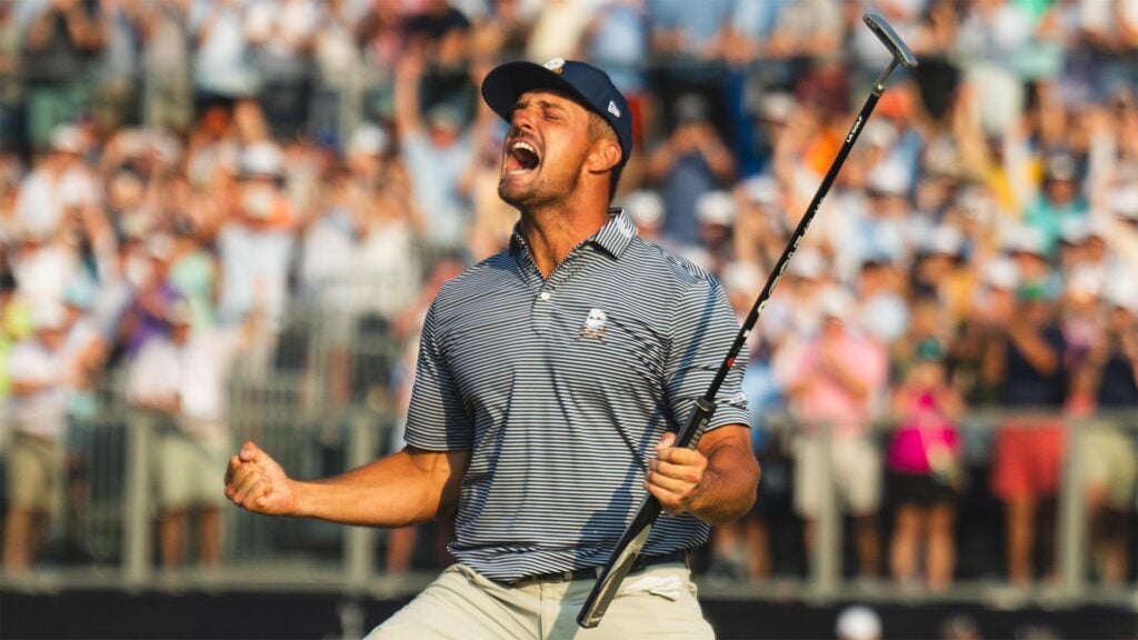 bryson dechambeau screams in exhaltation at the u.s. open in striped shirt