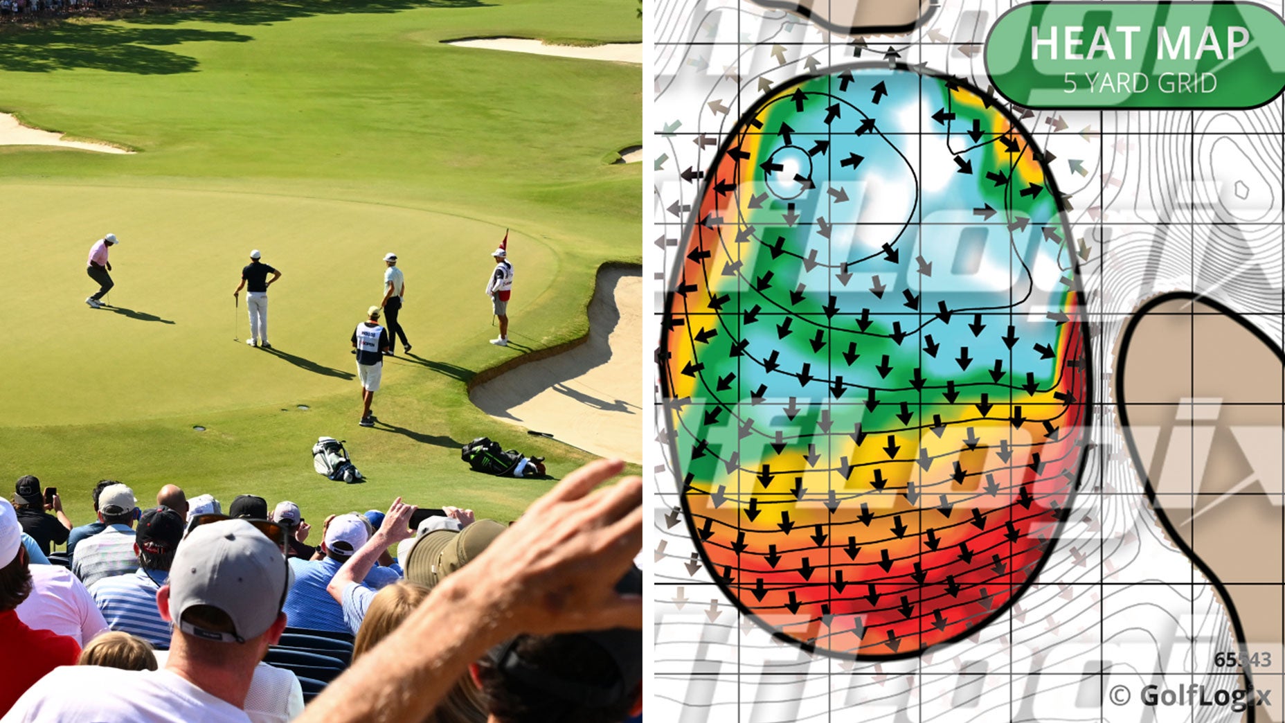 Tiger Woods reacts to a putt at the U.S. Open; heat map of 16th green