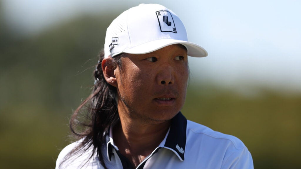 Anthony Kim looks on at the third green during day one of the LIV Golf Invitational - Miami at Trump National Doral Miami on April 05, 2024 in Doral, Florida