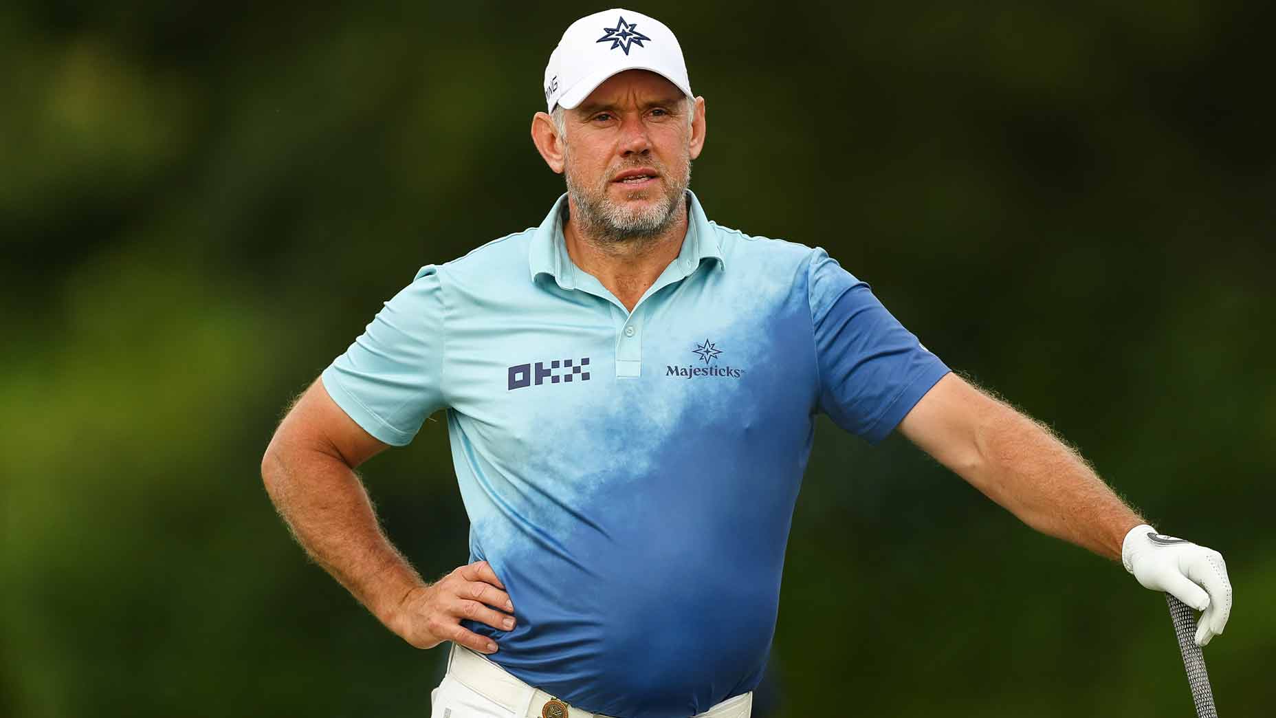 lee westwood stands and looks during u.s. senior open