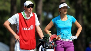 pro golfer michelle wie west with her caddie during the 2014 u.s. women's open