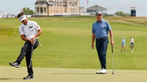 Hiroyuki Fujita reacts to a missed putt on the 10th hole during the first round of the 2024 U.S. Senior Open at Newport Country Club in Newport, R.I. on Thursday, June 27, 2024. (Jonathan Ernst/USGA)