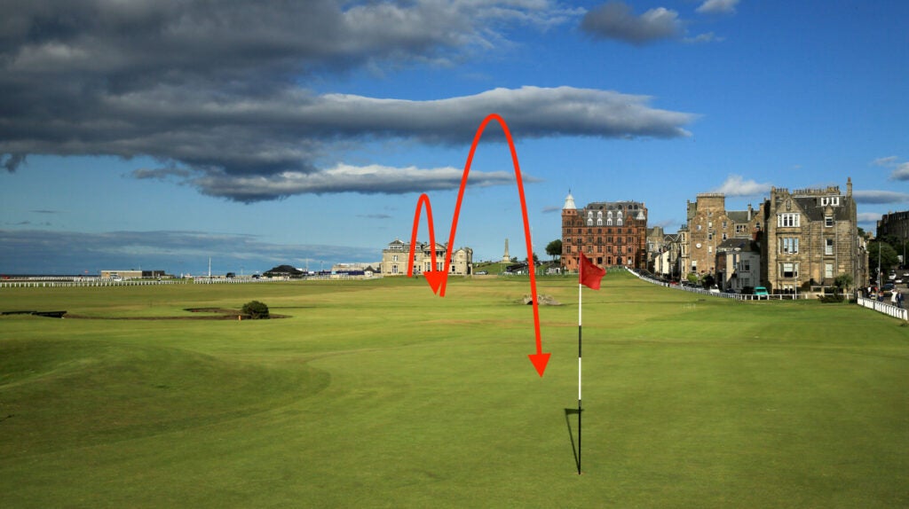 The green on the 495 yards par 4, 17th hole 'Road' with the 357 yards par 4, 18th hole 'Tom Morris' behind on the Old Course at St Andrews