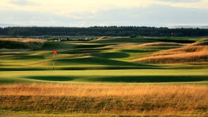 A view from behind the green on the par 4, 12th hole with the 11th green in the distance on the Old Course at St Andrews venue for The Open Championship in 2015