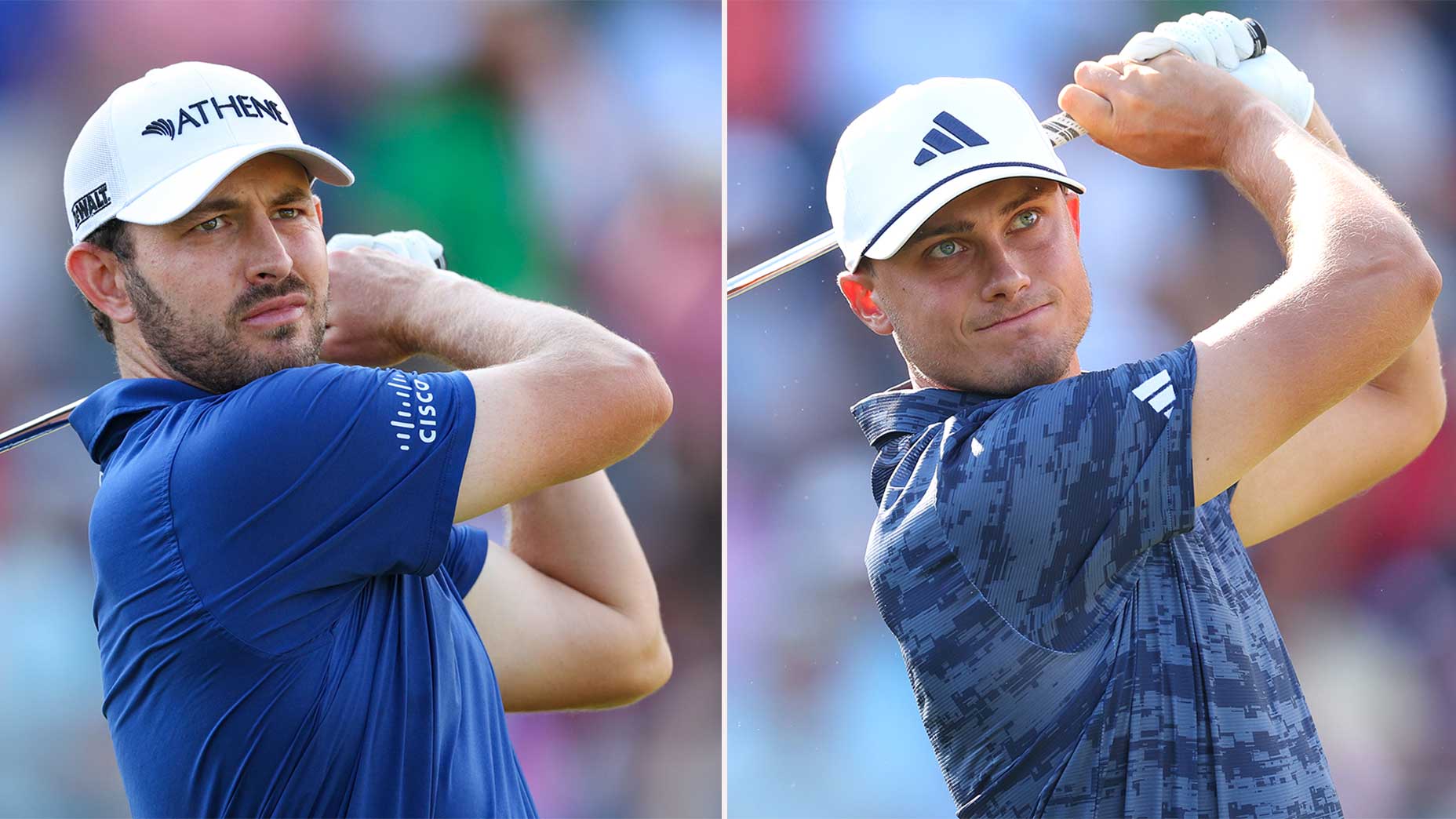 Patrick Cantlay and Ludvig Aberg watch photos during the first round of the 2024 US Open on Thursday at Pinehurst No.  2.