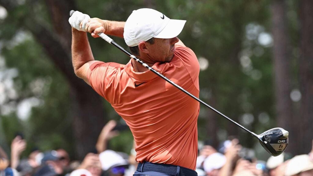 Pro golfer Rory McIlroy hits drive at 2024 U.S. Open