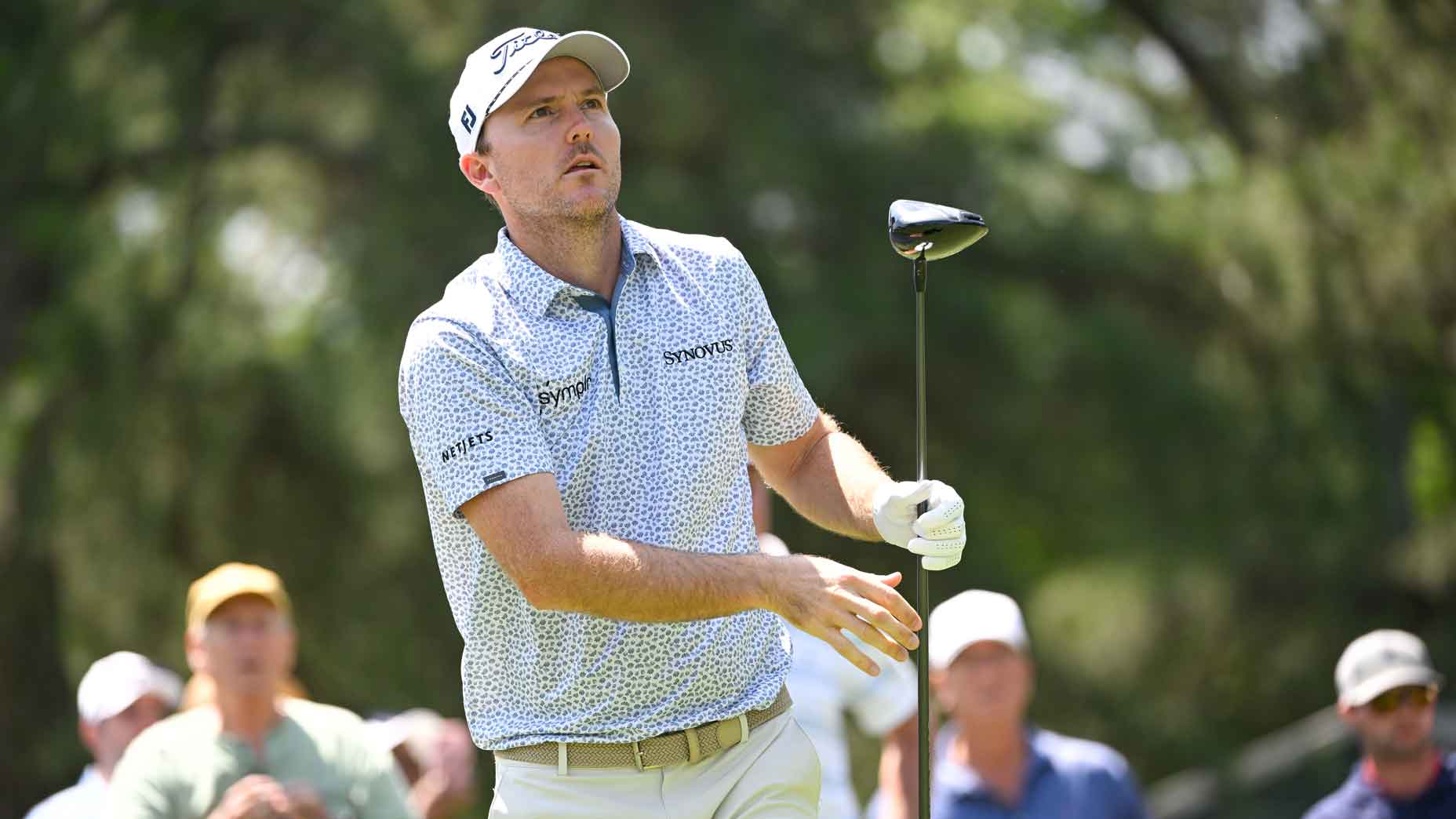 Russell Henley watches his tee shot on the third hole during the final round of Wells Fargo Championship at Quail Hollow Club on May 12, 2024 in Charlotte, North Carolina.