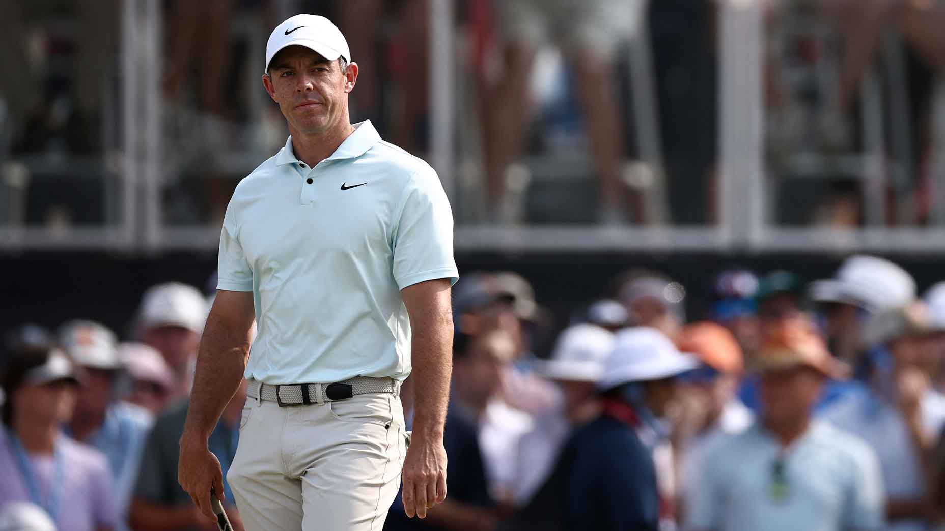 Rory McIlroy of Northern Ireland reacts to the 13th green during the final round of the 124th US Open at Pinehurst Resort on June 16, 2024 in Pinehurst, North Carolina.