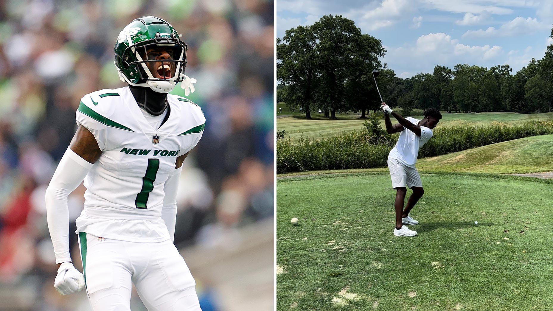 sauce gardner posing in NFL uniform next to sauce gardner swinging golf club