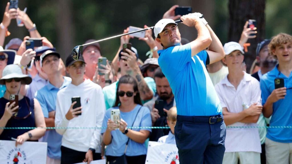 cottie Scheffler of the United States plays an approach shot from the 16th fairway during a practice round prior to the U.S. Open at Pinehurst Resort on June 11, 2024 in Pinehurst, North Carolina.