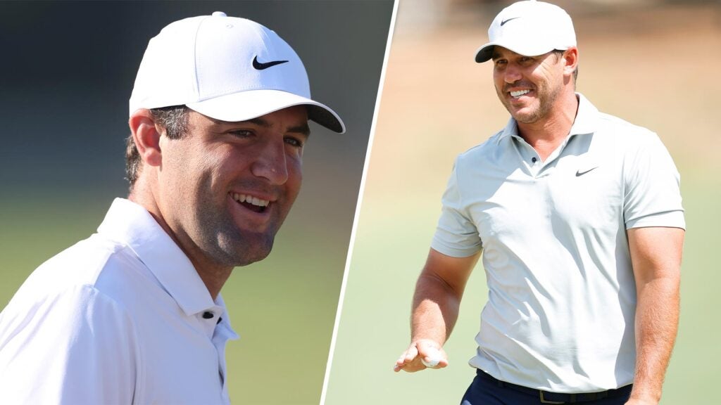scottie scheffler and brooks koepka smile at the u.s. open separated by an arrow