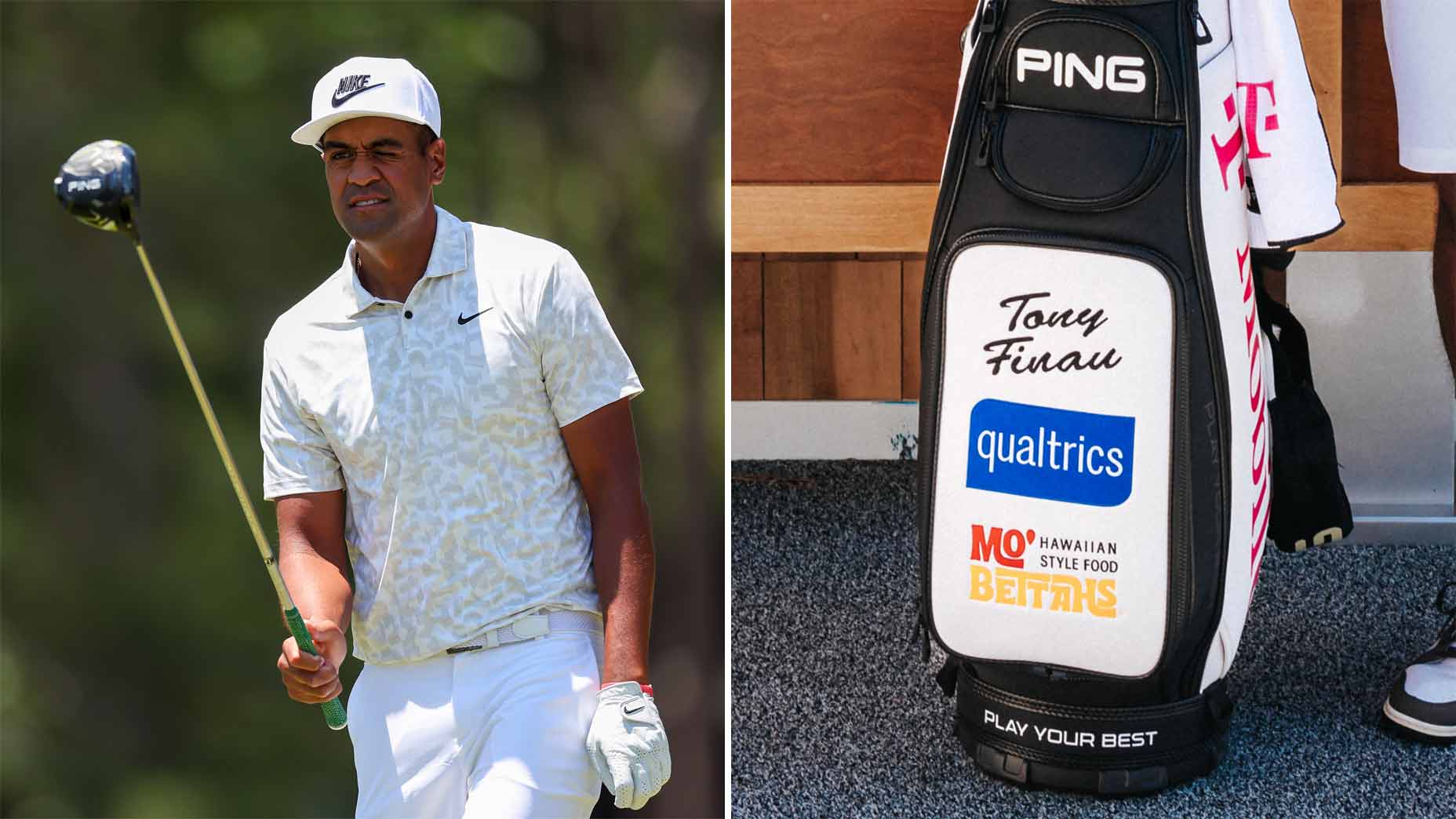 tony finau membidik selama us open 2024 di pinehurst. tas finau dengan sponsor