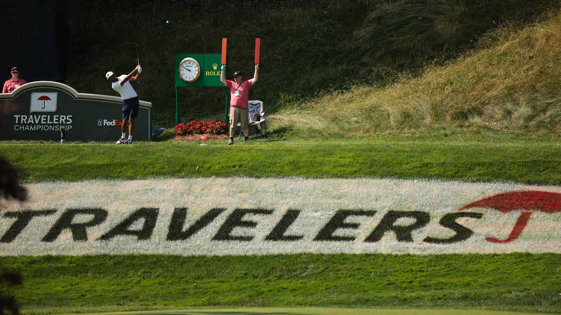 Tony Finau hits a tee shot during a practice round for the 2024 Travelers Championship.