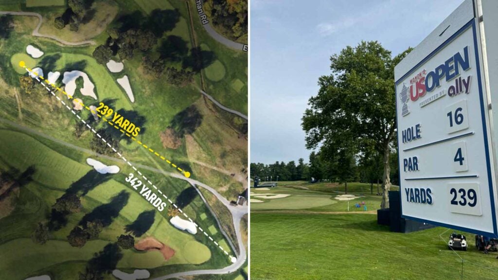 aerial shot of the 16th hole lancaster cc and image of 16th hole signage