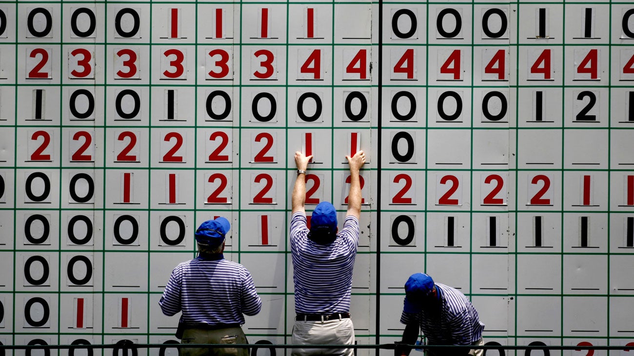 Course volunteers update the main leader board during the opening round of the 2007 U.S. Women's Open golf tournament in Southern Pines, North Carolina