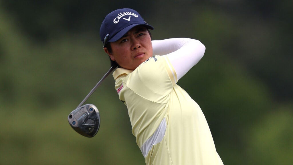 Yuka Saso of Japan plays her shot from the second tee during the final round of the U.S. Women's Open