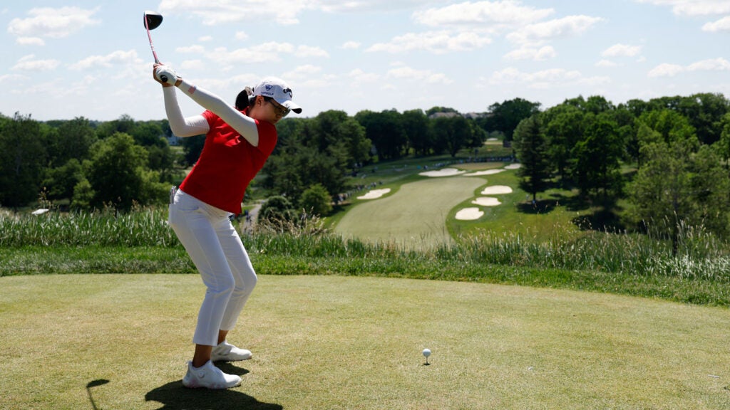 Rose Zhang of the United States plays her shot from the third tee during the second round of the U.S. Women's Open Presented by Ally at Lancaster Country Club