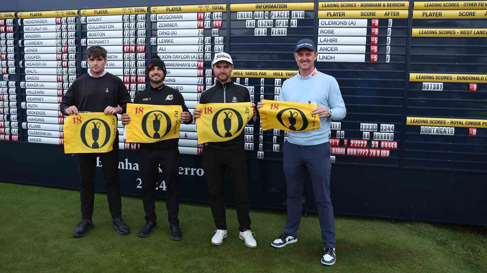 Open Championship Final qualifiers (including Justin Rose) hold Open Championship flags.