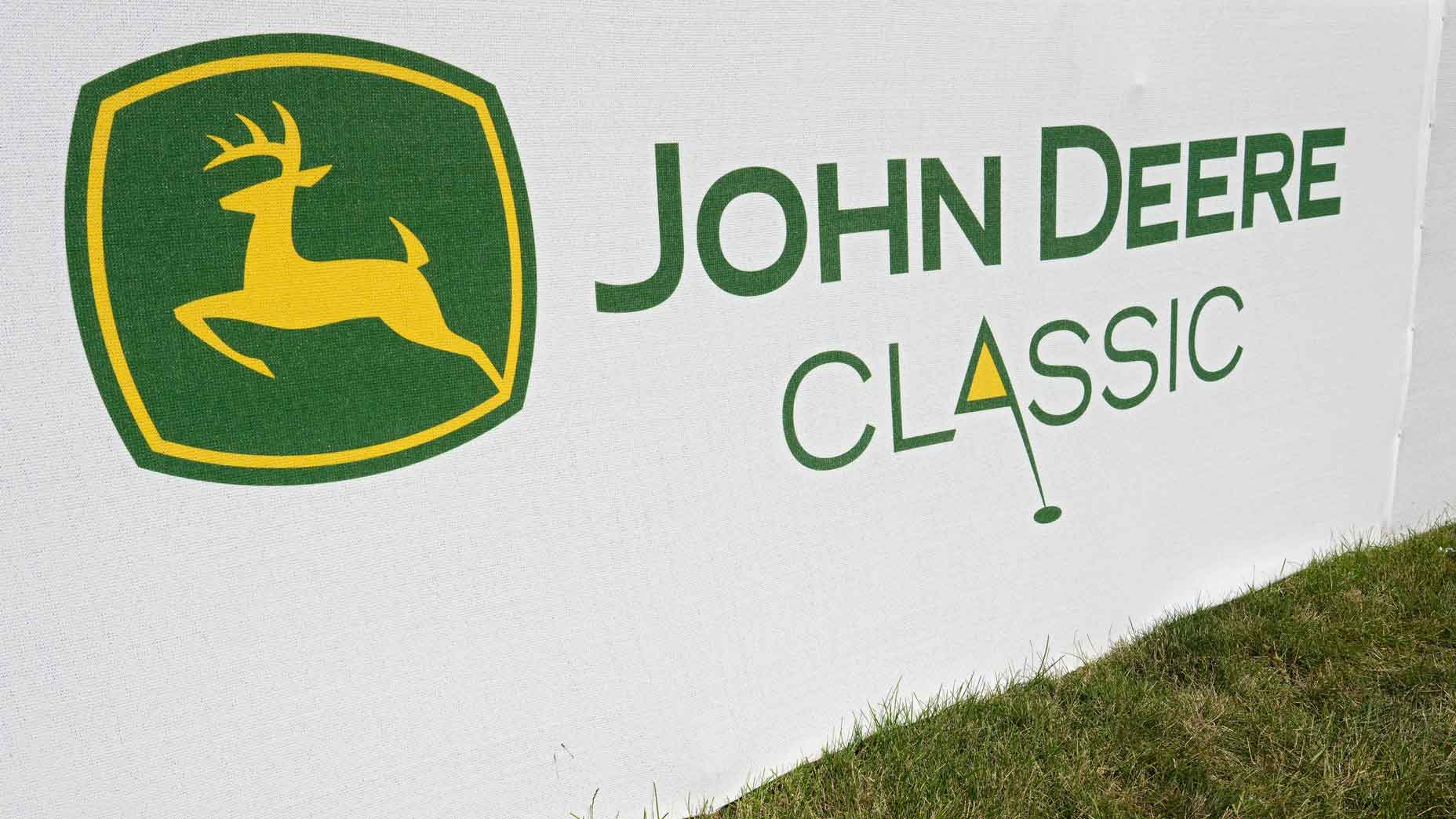 A general view of signage at the 18th tee during a practice round prior to the John Deere Classic at TPC Deere Run on July 03, 2024 in Silvis, Illinois.