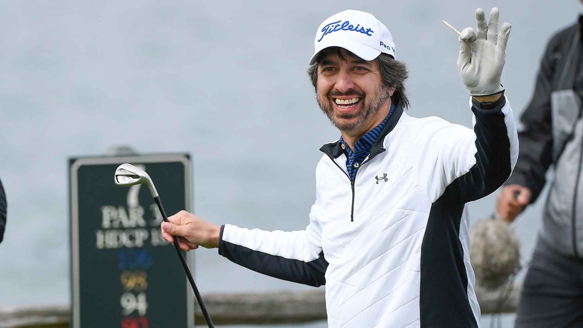 Ray Romano waves to fans on the sixth hole tee box during the third round of the AT&T Pebble Beach Pro-Am at Pebble Beach Golf Links, on February 9, 2019 in Pebble Beach, California.